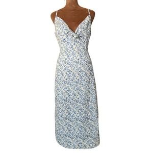 Lulus Dress Size S Blue Cream Floral Cotton Cottagecore Tie Front Lined Feminine